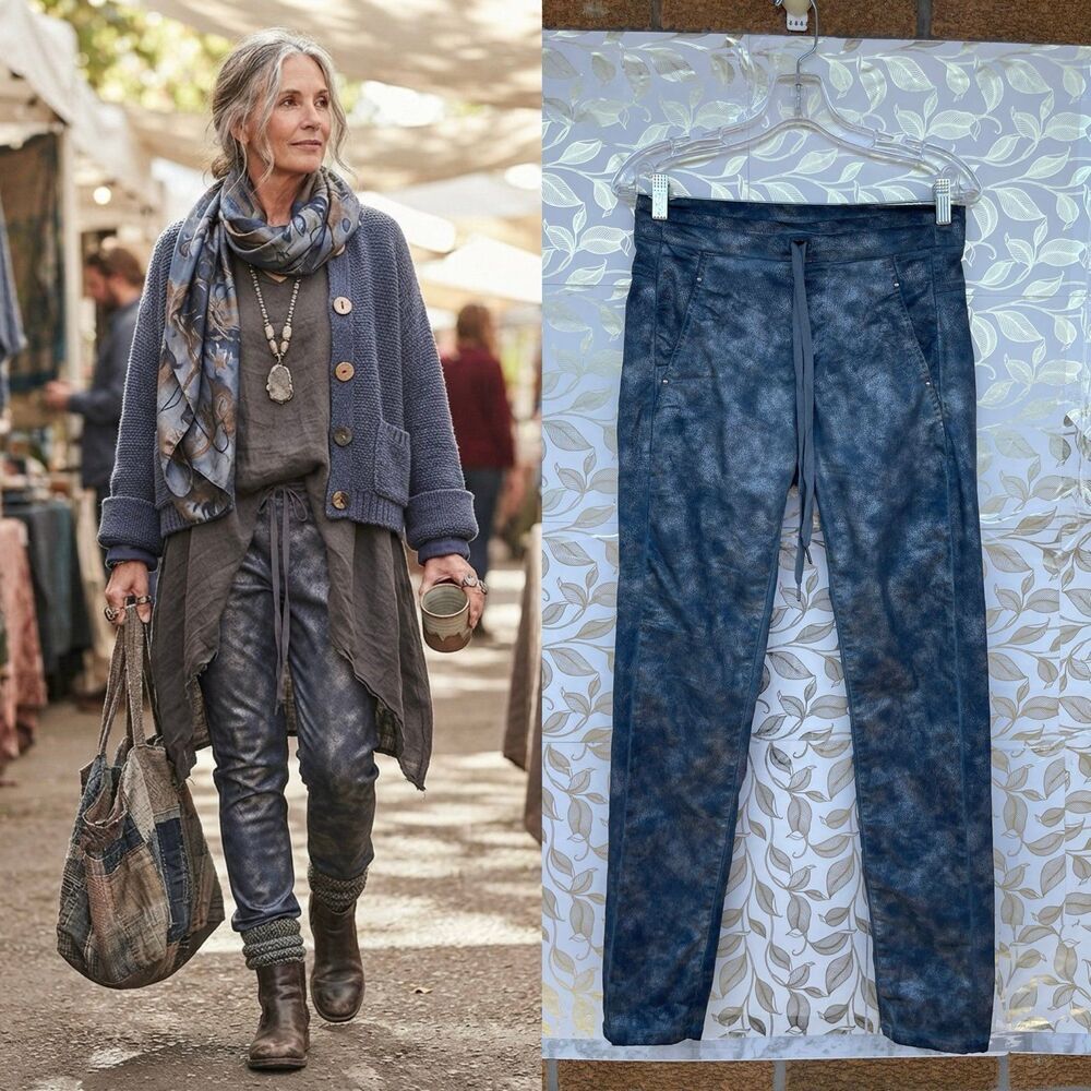 Alembika Lagenlook Metallic Distressed Drawstring Pants Blue Size 0/4